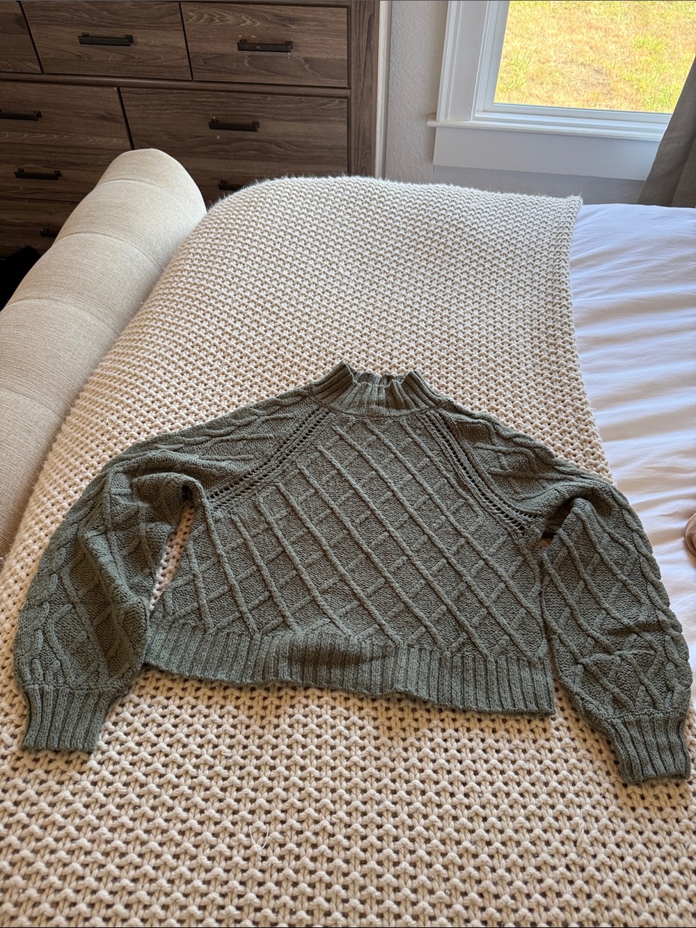 American Eagle Outfitters Olive Green Cable Knit Mock Neck Sweater